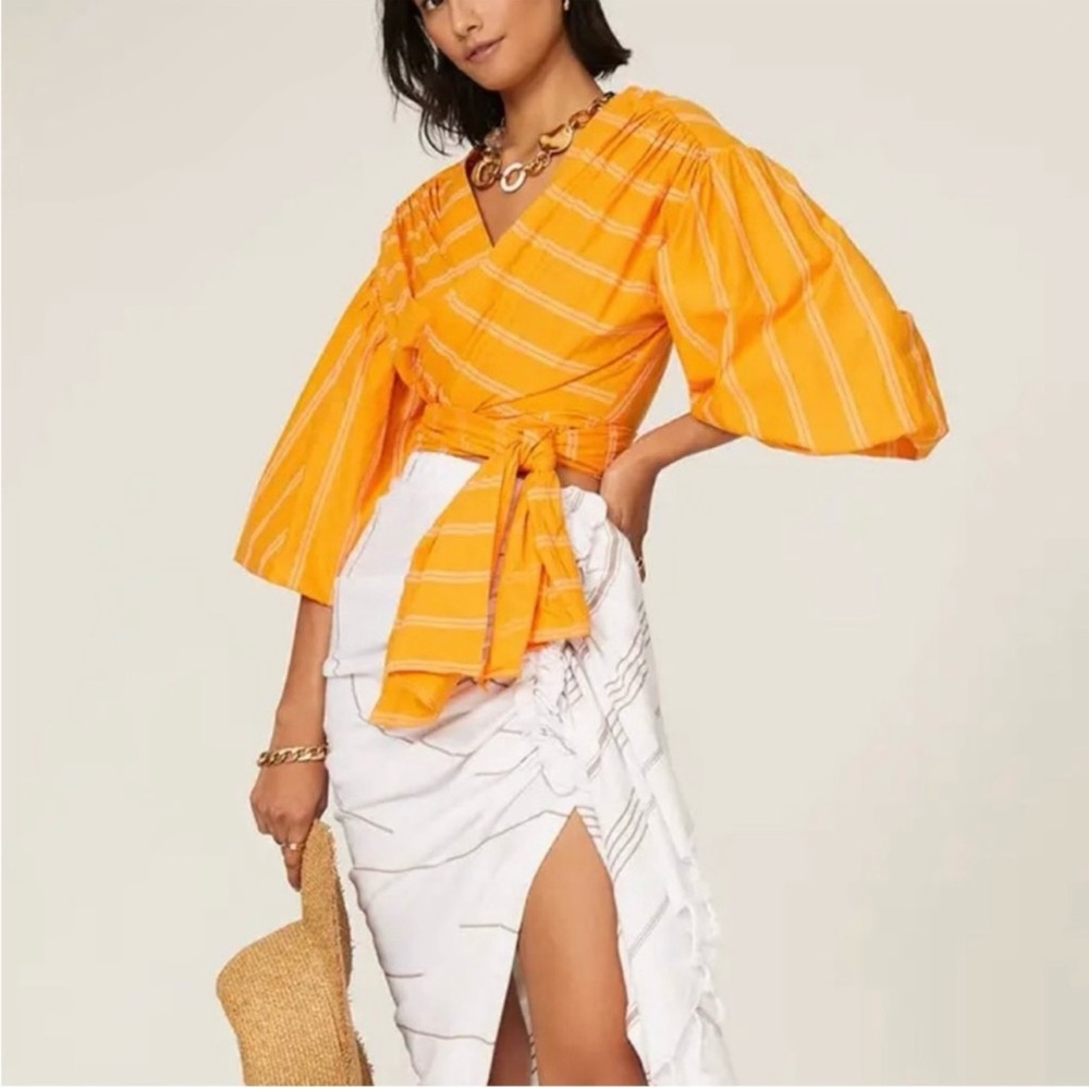 Acler Wyatt Crop Wrap Orange and White Blouse, Balloon Sleeves